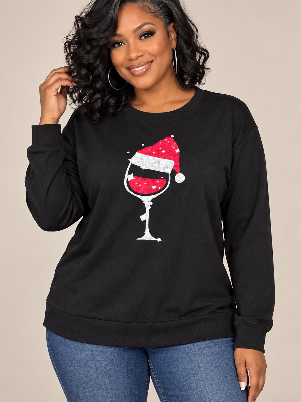 Black Women's Holiday Wine Glass Graphic Sweatshirt - NWOT